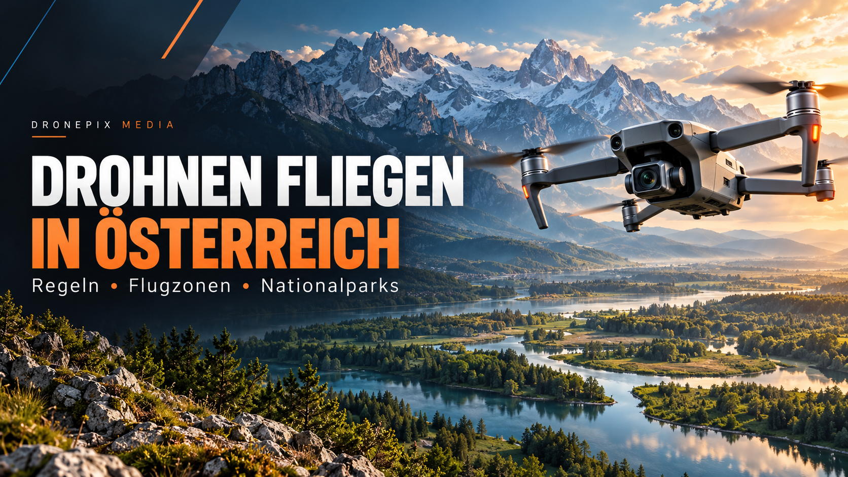 Symbolbild mit Kameradrohne, Alpen und Auenlandschaft: Drohnen fliegen in Österreich