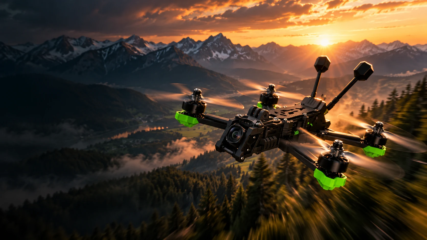 KI-Motiv: iFlight Nazgul Evoque F5 V3 im FPV-Flug über einer Berglandschaft
